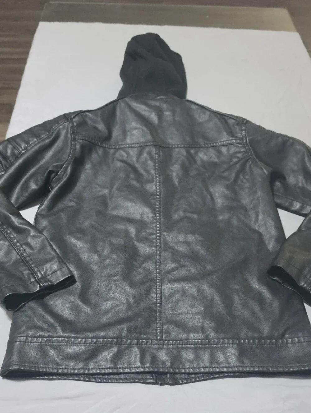 Kids Black Hooded Faux Leather Puffer Jacket